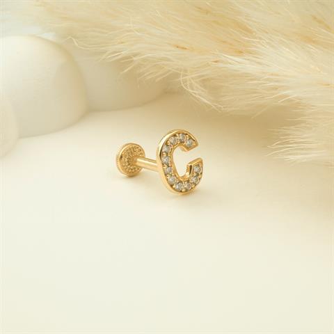 Dianora Piercing-14 Ayar Altın Taşlı Düz C Harfi Tragus Piercing-Tragus Piercing-5-milagron.live