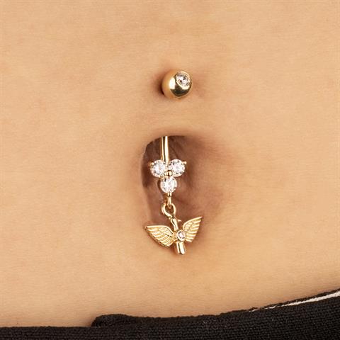 14 Ayar Altın Taşlı Kuş Sallantılı Göbek Piercing - 5