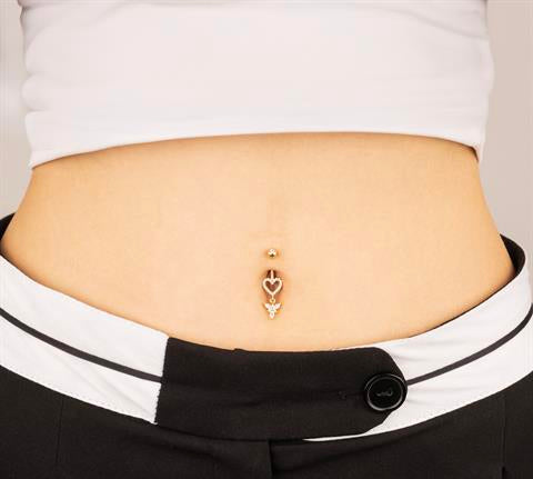 14 Ayar Altın Taşlı Sallantılı Kalp Gösterişli Göbek Piercing - 2