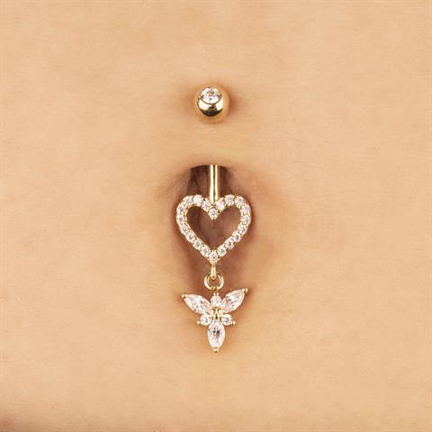 14 Ayar Altın Taşlı Sallantılı Kalp Gösterişli Göbek Piercing - 5