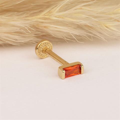 Dianora Piercing-14 Ayar Altın Turuncu Baget Taşlı Minimal Tragus Piercing-Renkli Taşlar Koleksiyonu-3-milagron.live