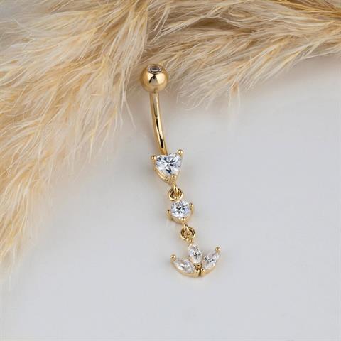14 Ayar Altın Üçlü Sallantılı Taşlı Lotus Göbek Piercing