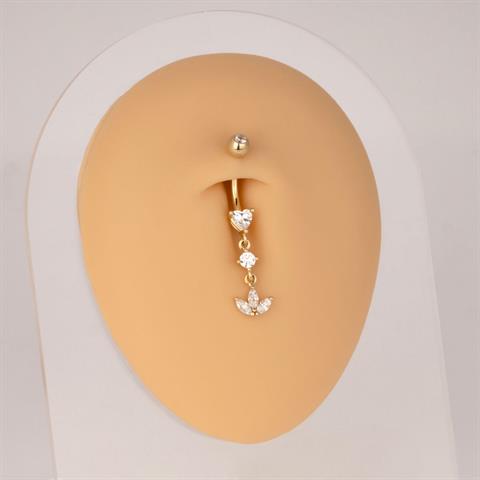 14 Ayar Altın Üçlü Sallantılı Taşlı Lotus Göbek Piercing