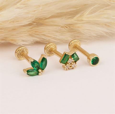 Dianora Piercing-14 Ayar Altın Yeşil Baget Taşlı Minimal Tragus Piercing-Tragus Piercing-5-milagron.live