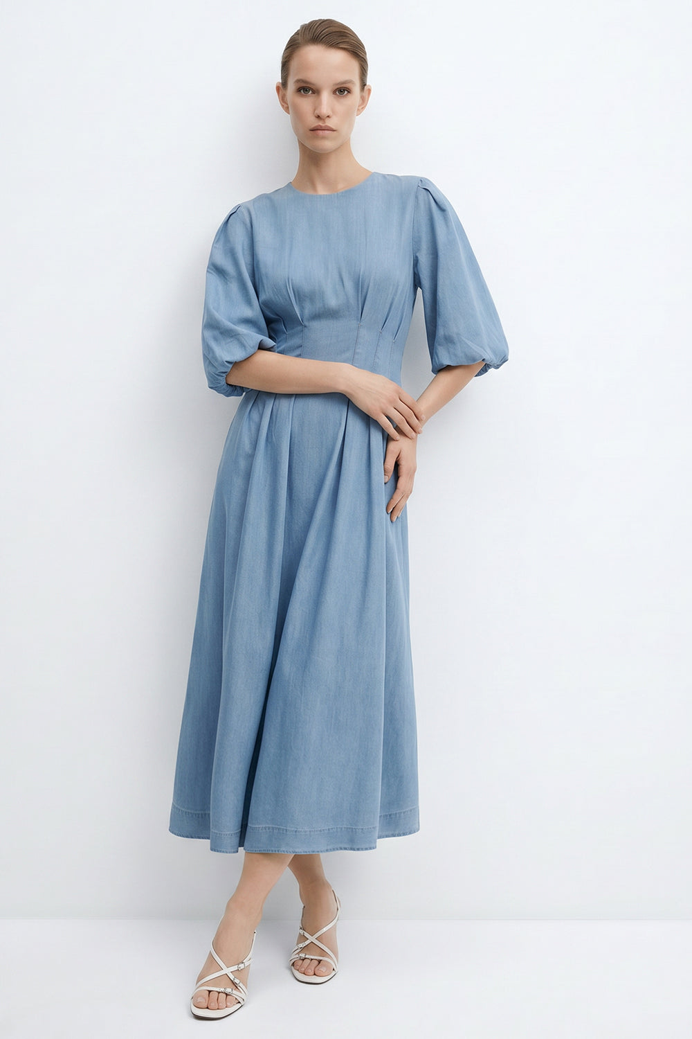 Balon Kollu Bele Oturan Slim Fit Maxi Mavi Elbise