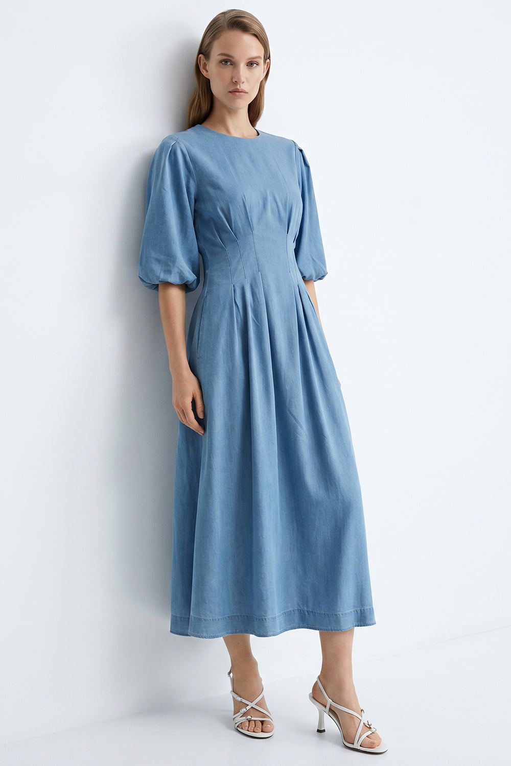 Balon Kollu Bele Oturan Slim Fit Maxi Mavi Elbise