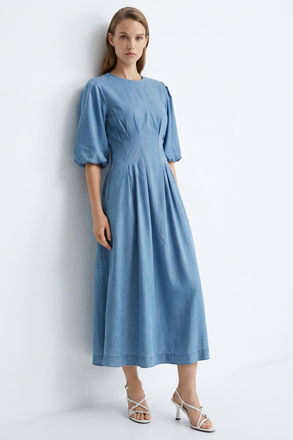 Balon Kollu Bele Oturan Slim Fit Maxi Mavi Elbise