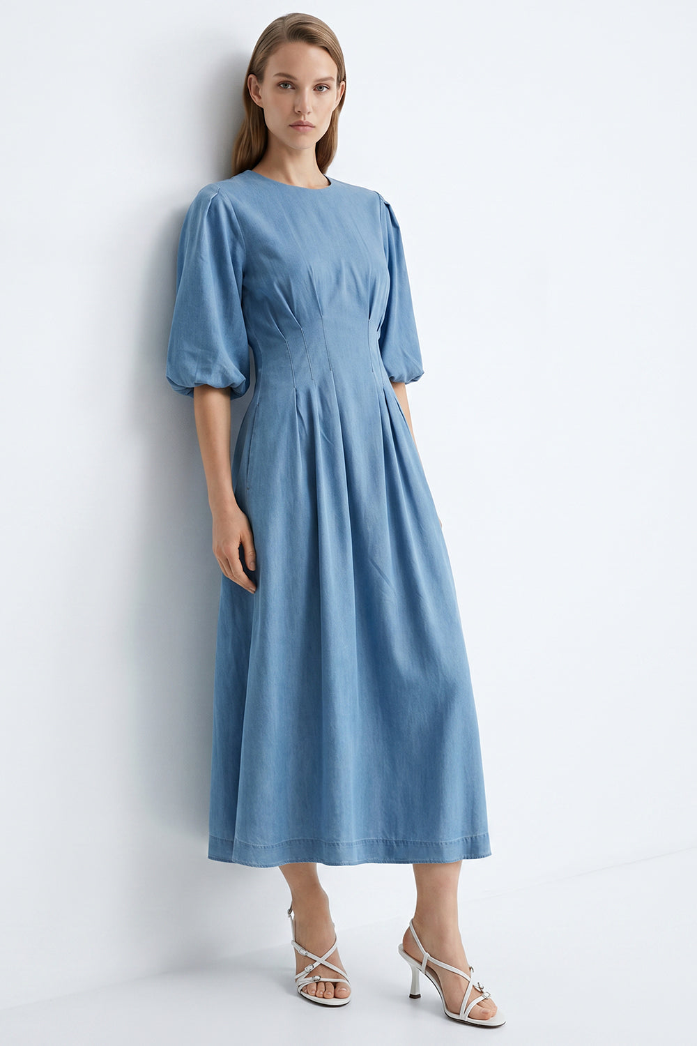Balon Kollu Bele Oturan Slim Fit Maxi Mavi Elbise