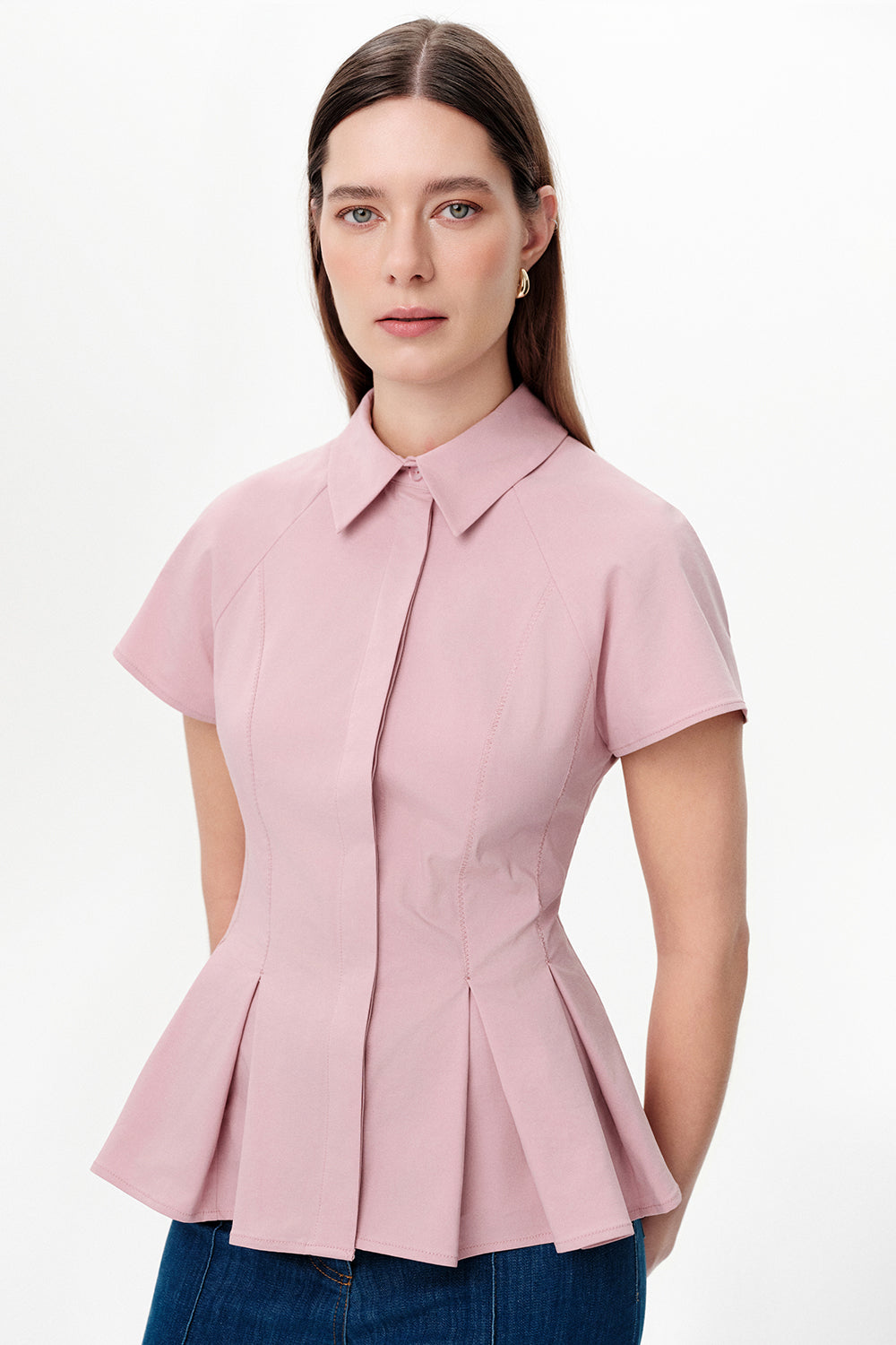 Exquise-Düşük Kol Pileli Zikzak Dikişli Slim Fit Pembe Gömlek-Gömlek-3-milagron.live