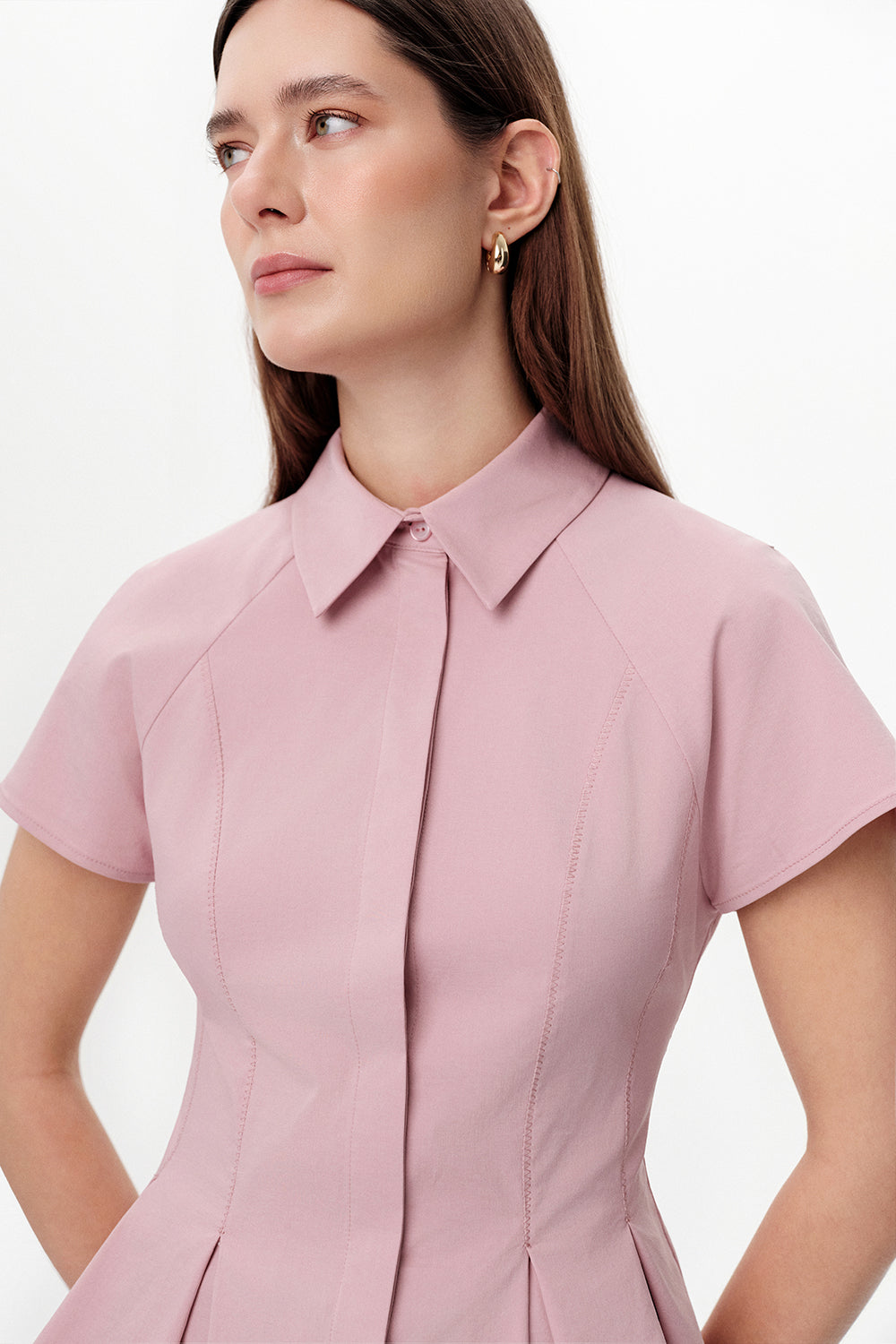 Exquise-Düşük Kol Pileli Zikzak Dikişli Slim Fit Pembe Gömlek-Gömlek-4-milagron.live