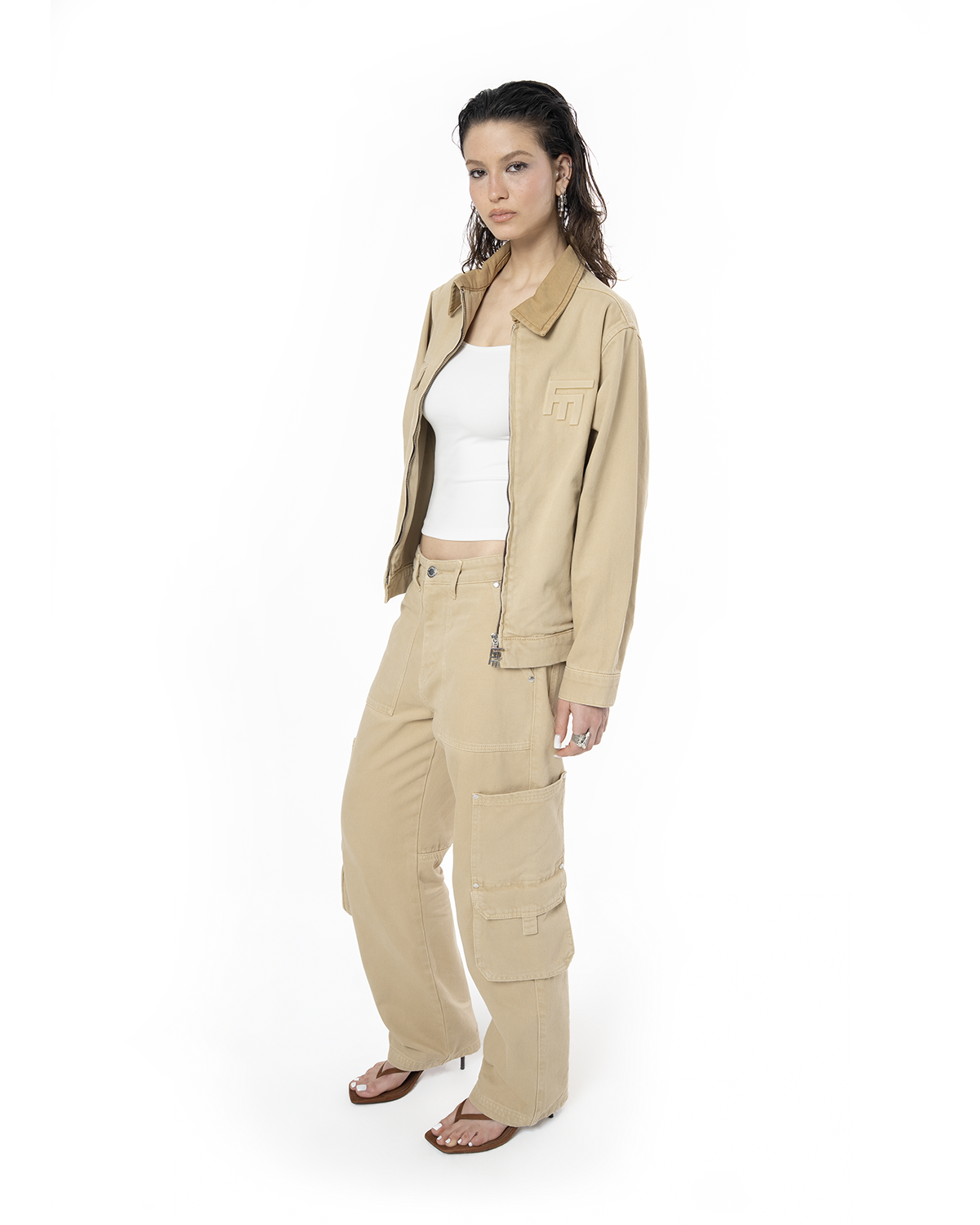 Unisex Relaxed Fit Logo Kabartmalı Nakış Detaylı Premium Kargo Pantolon - Bej - 6