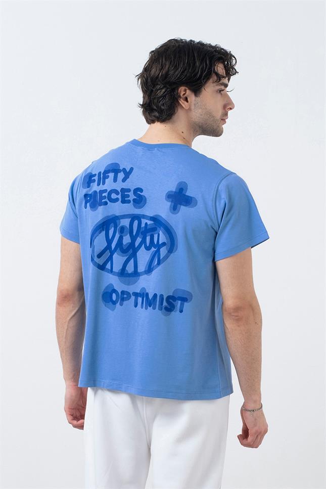 Fifty Pieces-Mavi Regular Fit Sırt Baskılı T-Shirt-T-Shirts-4-milagron.live
