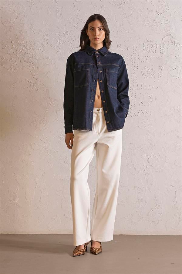 GMG Firenze-Oversize Çıtçıtlı Denim Kadın Gömlek-DENİM GÖMLEK-3-milagron.live