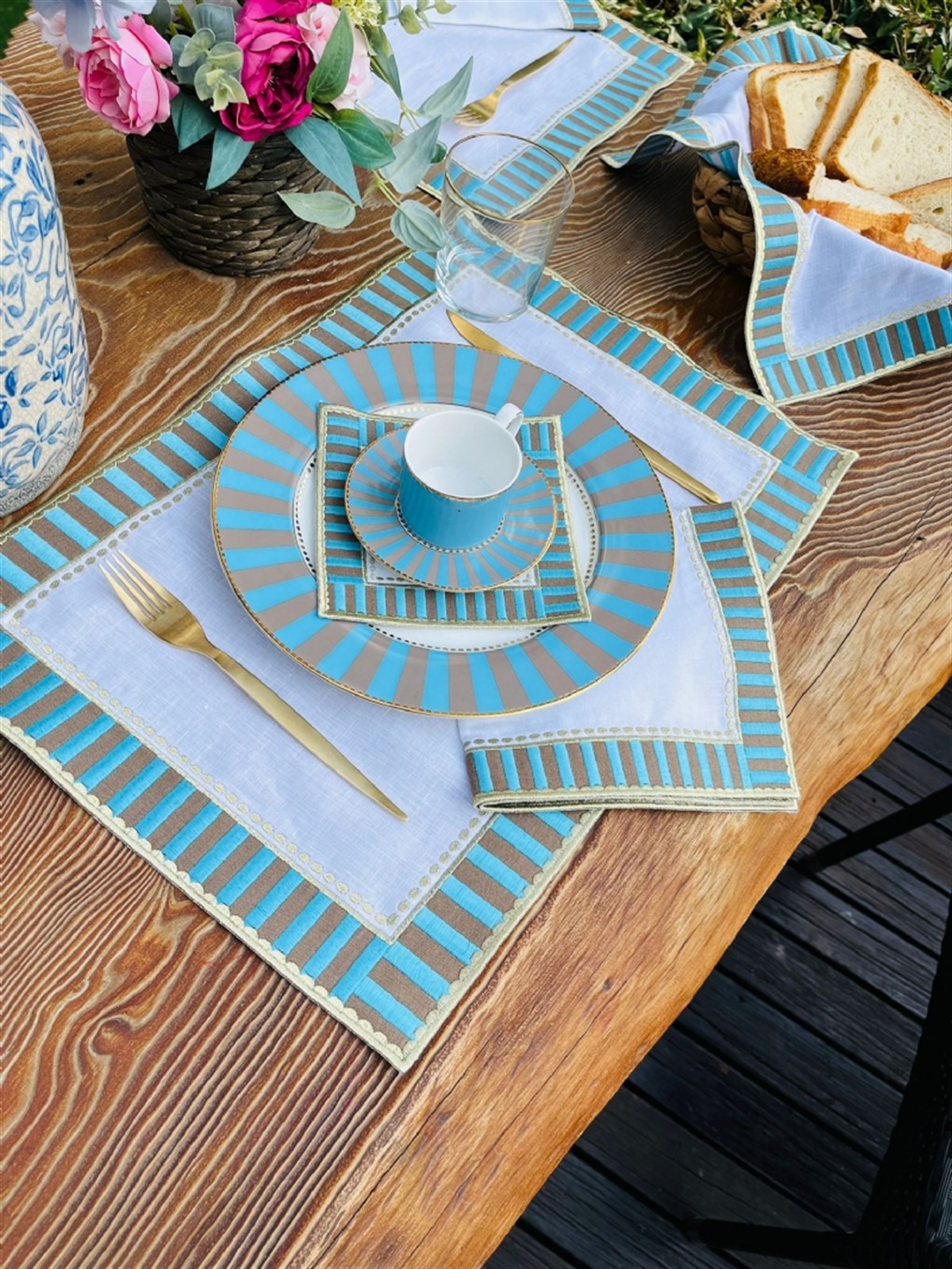 Dekoratif Candy Mavi Damalı Keten Servis Peçetesi - 2 Adet