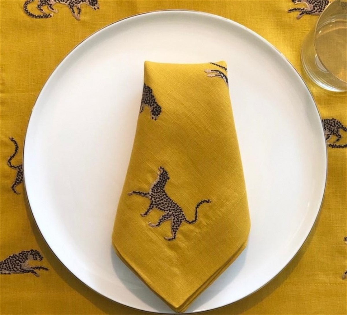 Leopar Desenli Sarı Keten Servis Peçetesi ( 2 Adet )