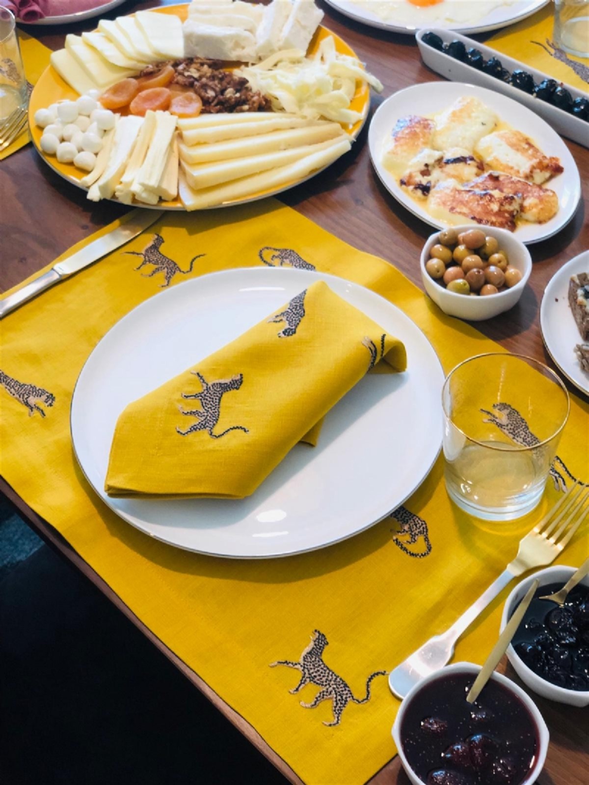 Leopar Desenli Sarı Keten Servis Peçetesi ( 2 Adet )