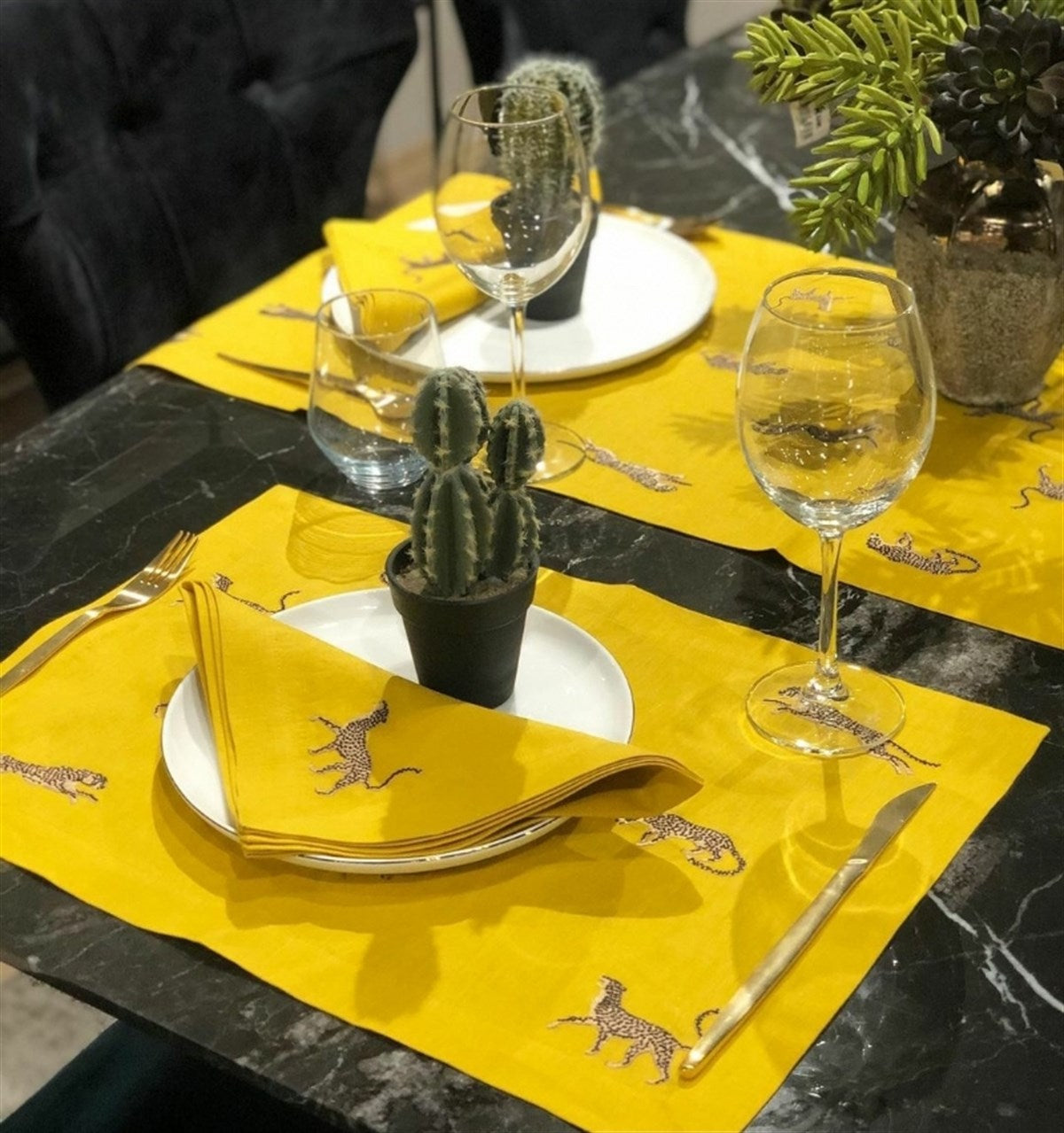 Leopar Desenli Sarı Keten Servis Peçetesi ( 2 Adet )