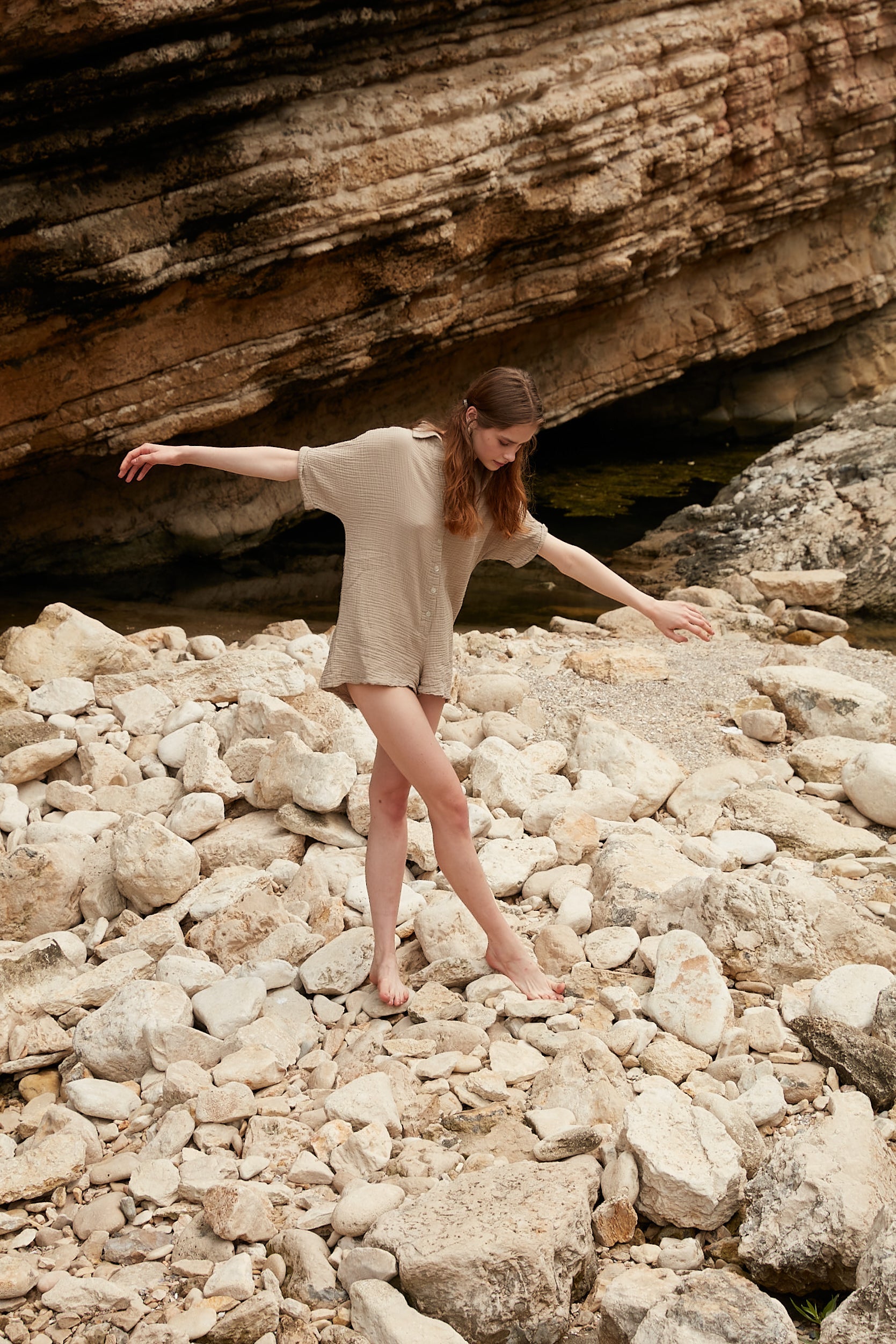 Handarte Los Angeles-Taş Rengi Müslin Tulum-Tulum-1-milagron.live