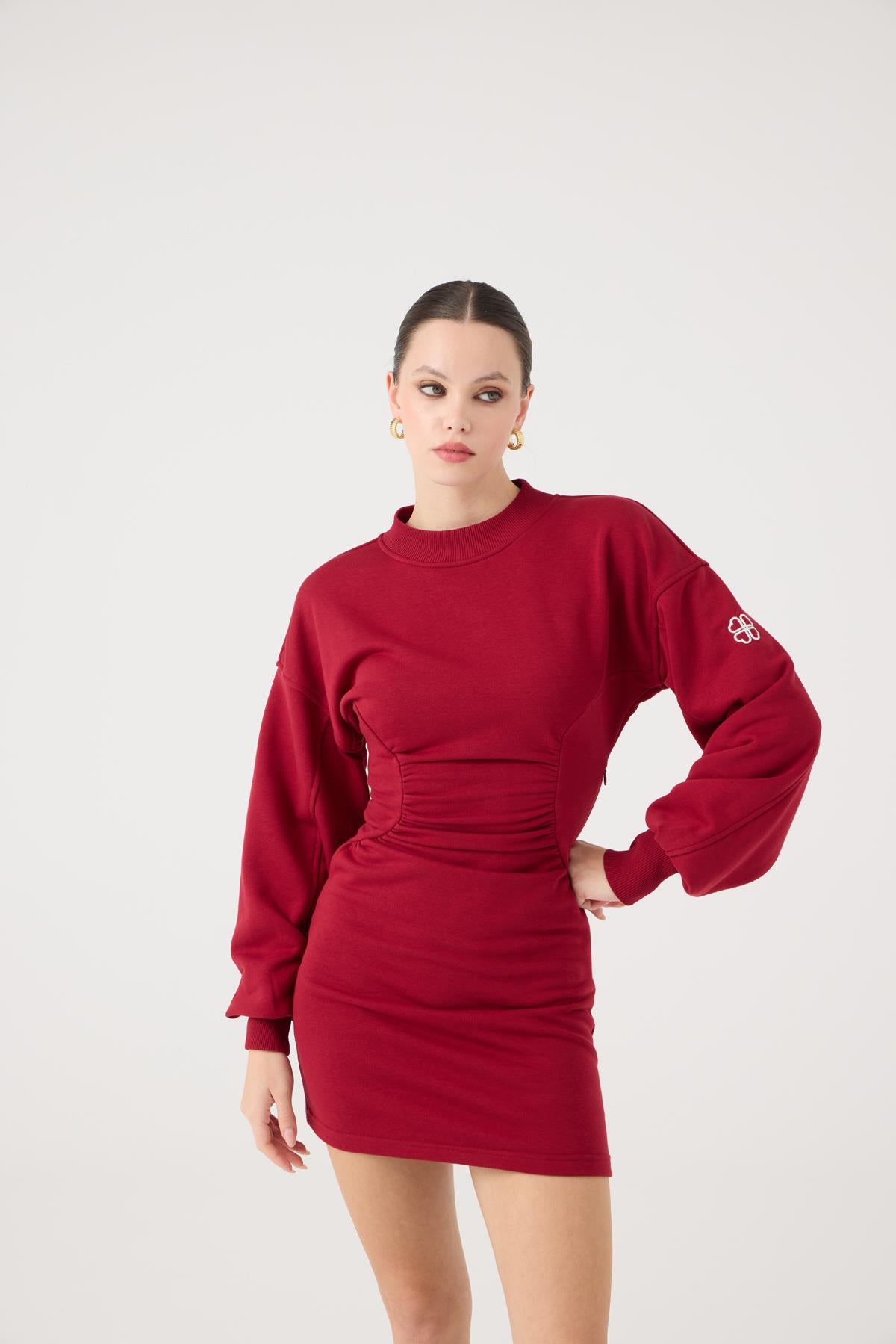 Belden Oturmalı Mini Nancy Elbise Bordo