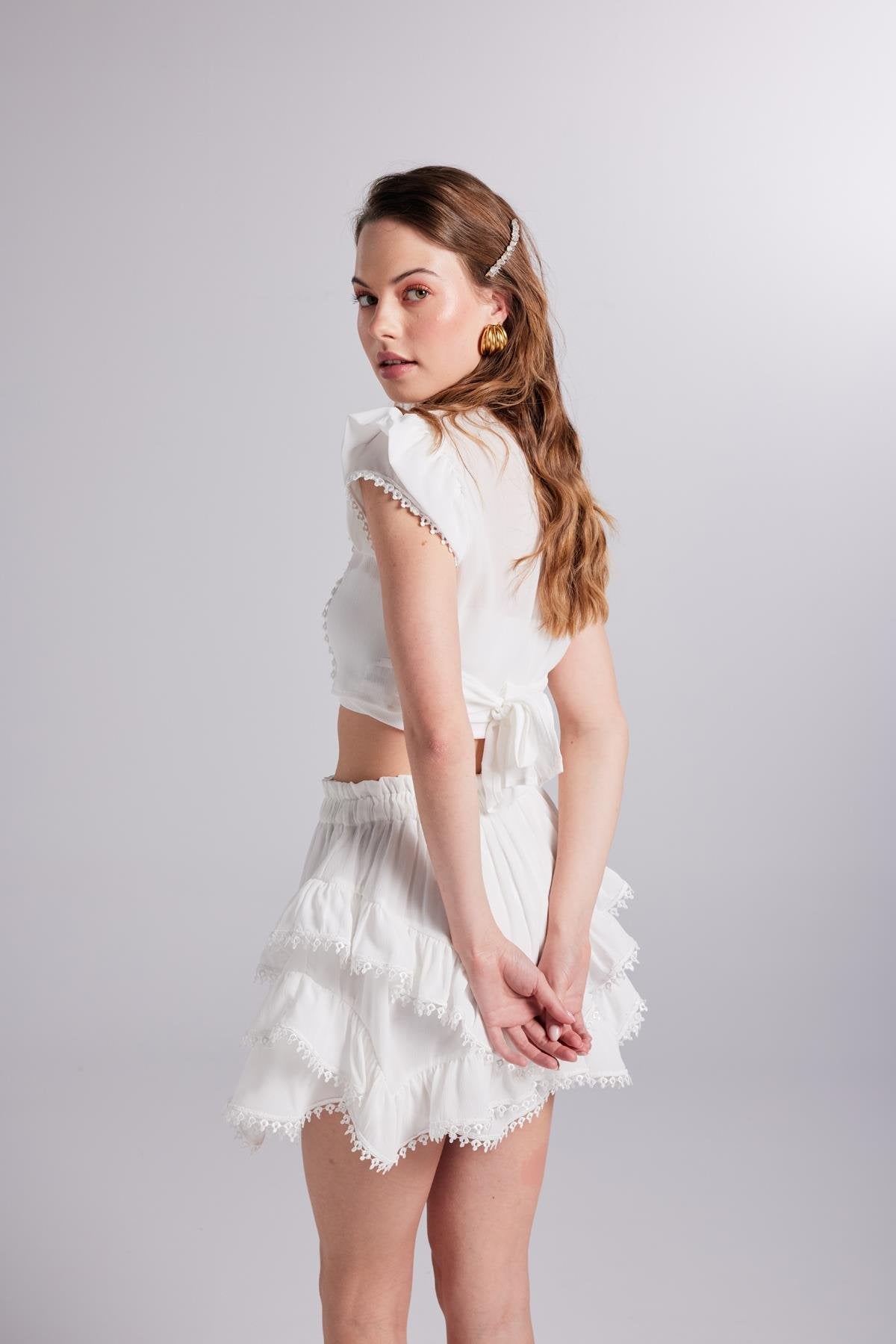 Brode Detaylı Crop Pixie Bluz Beyaz