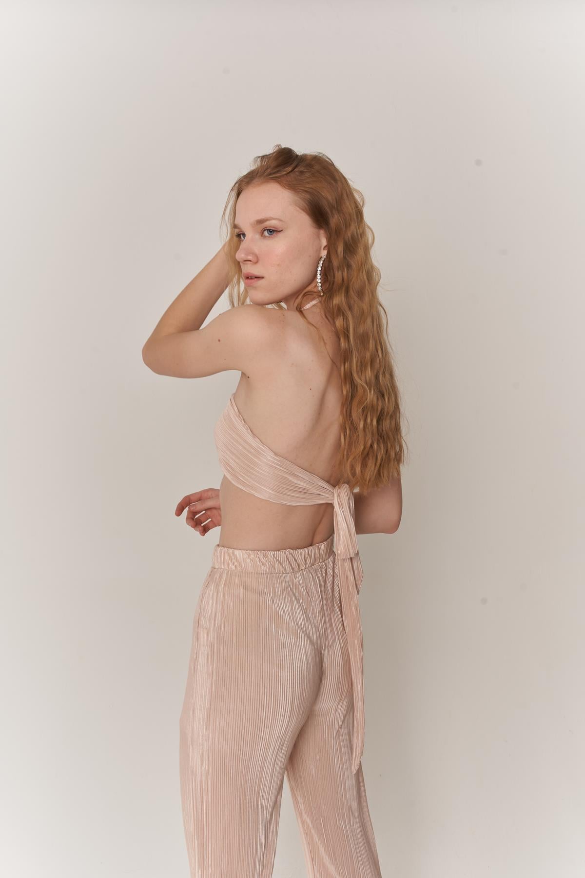 Holly Lolly-Cardy Crop Bağlamalı Bluz, Bej-Bluz-4-milagron.live