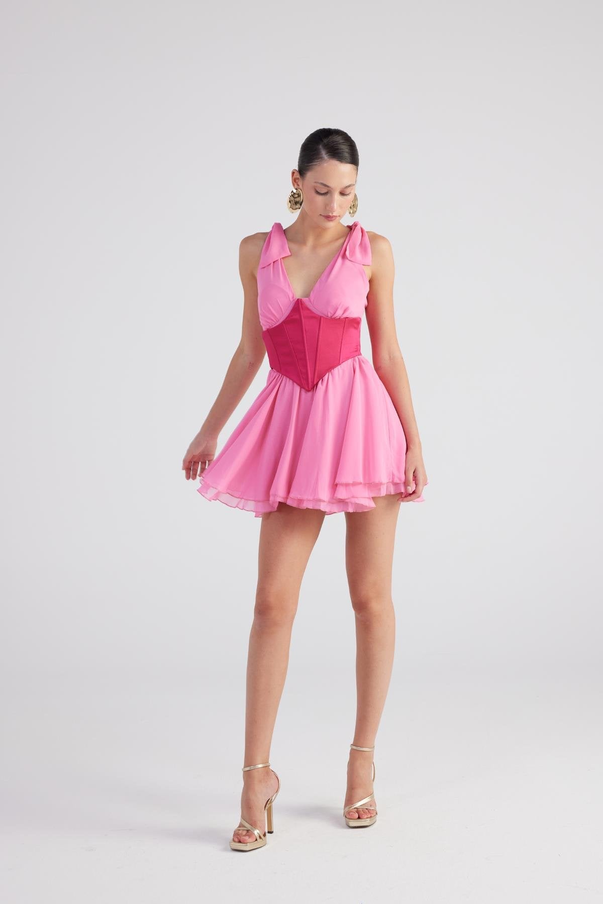 Çıkarılabilir Korseli Gloplu Mini Şifon Fiona Elbise Pembe