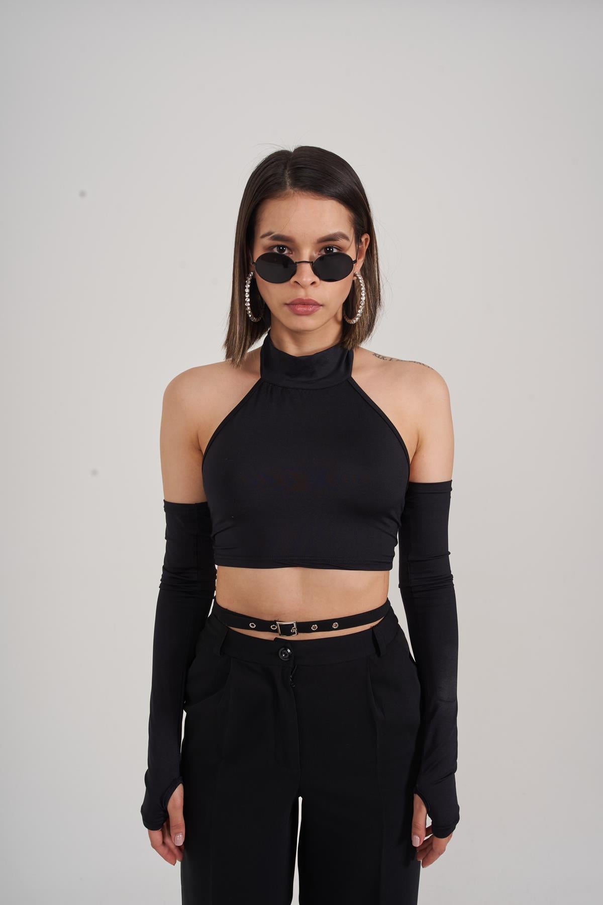 Crop Model Kol Detaylı Pretty Bluz Siyah