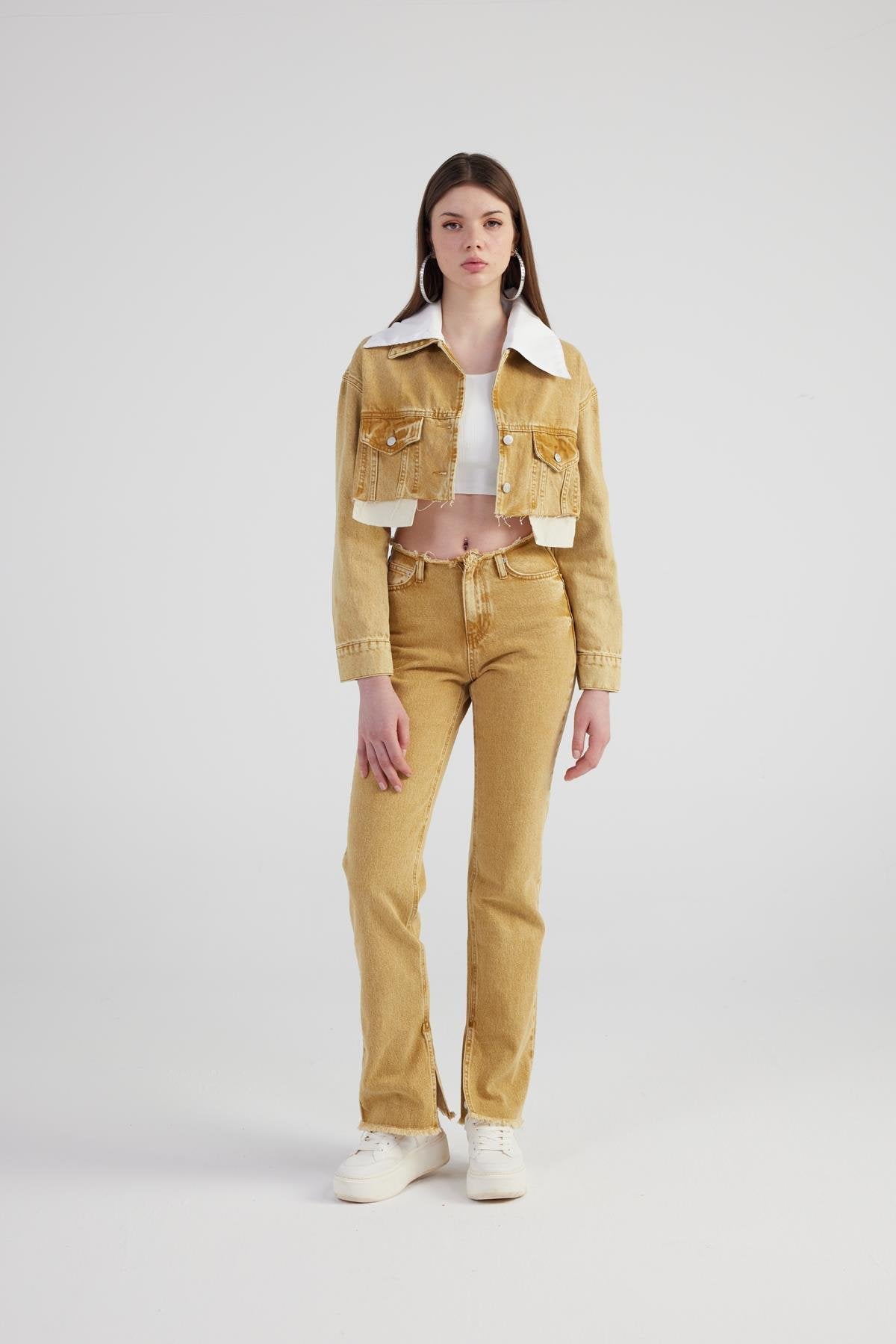 Mermer Desenli Çıkarılabilir Yaka Detaylı Crop Kesim Cepli Rusted Jean Ceket Camel