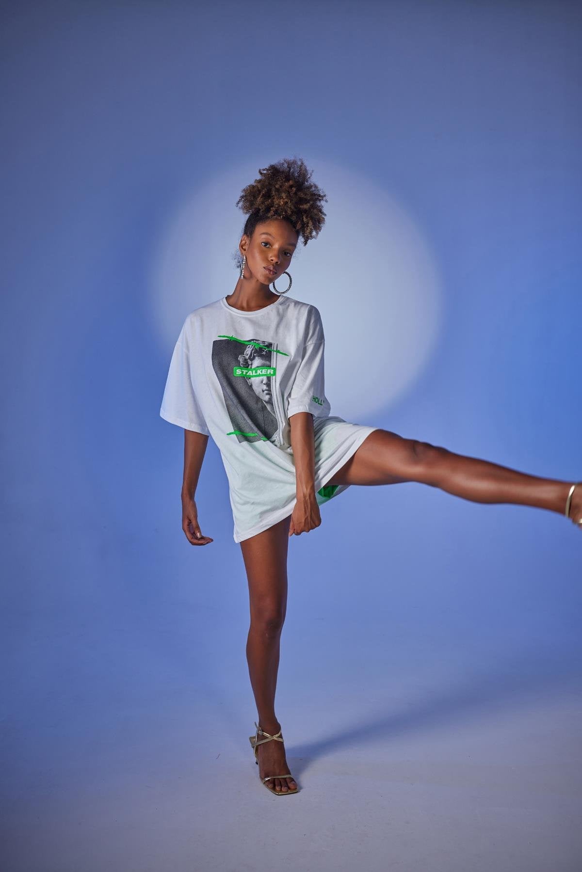 Oversize Baskılı Stalker T-Shirt Beyaz