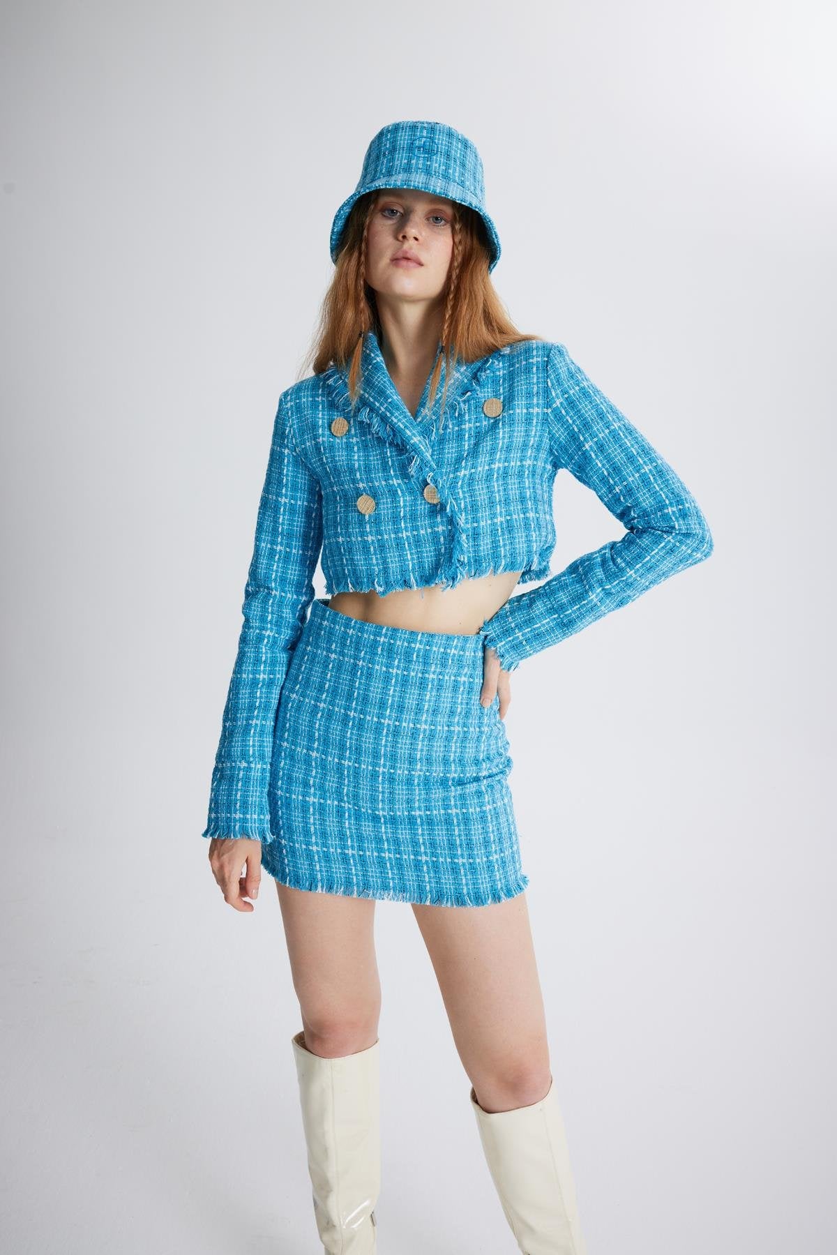 Tüvit Kumaş Logolu Bucket Tweed Şapka Mavi