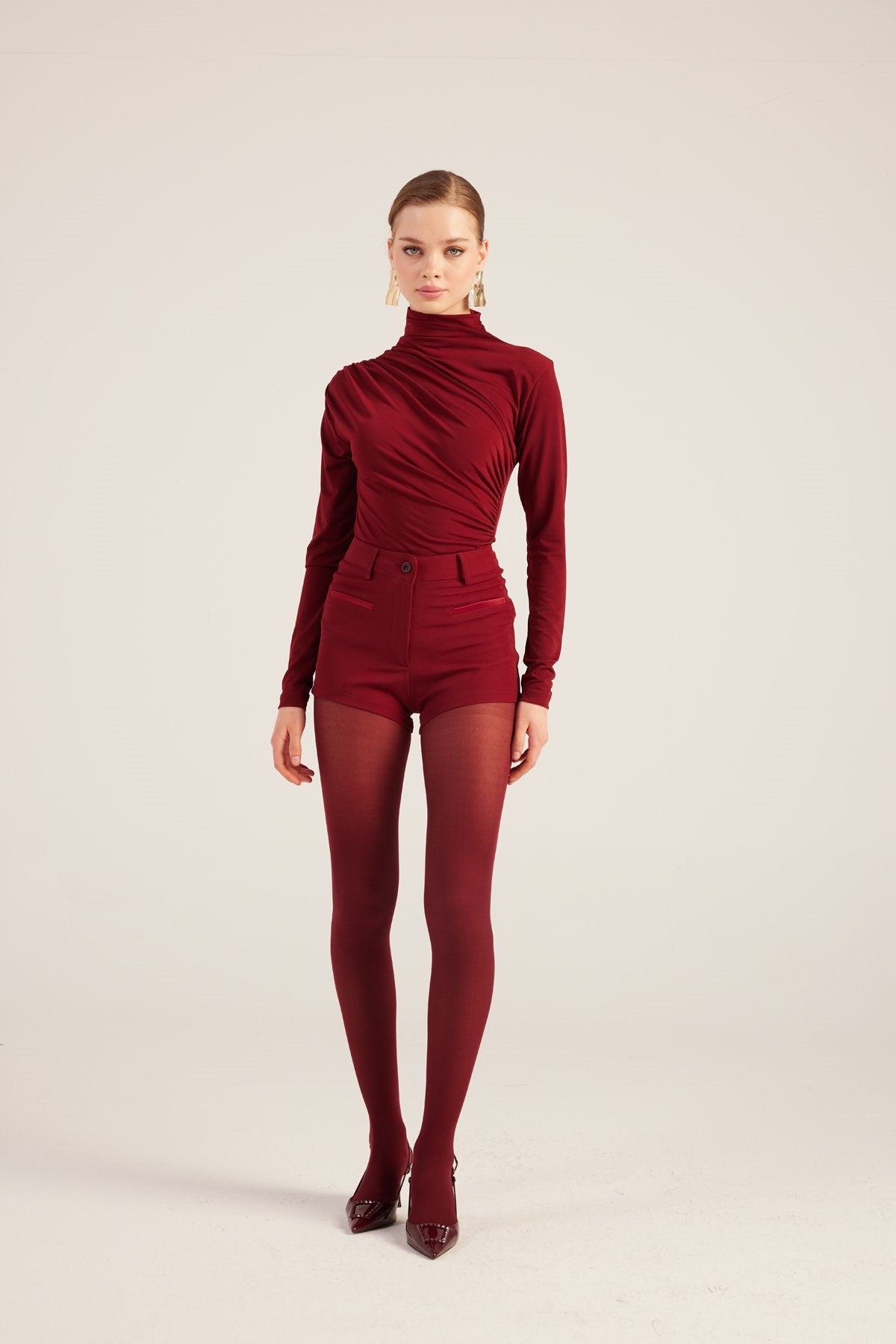 Yüksek Bel Fermuarlı Mini Bailey Şort Bordo