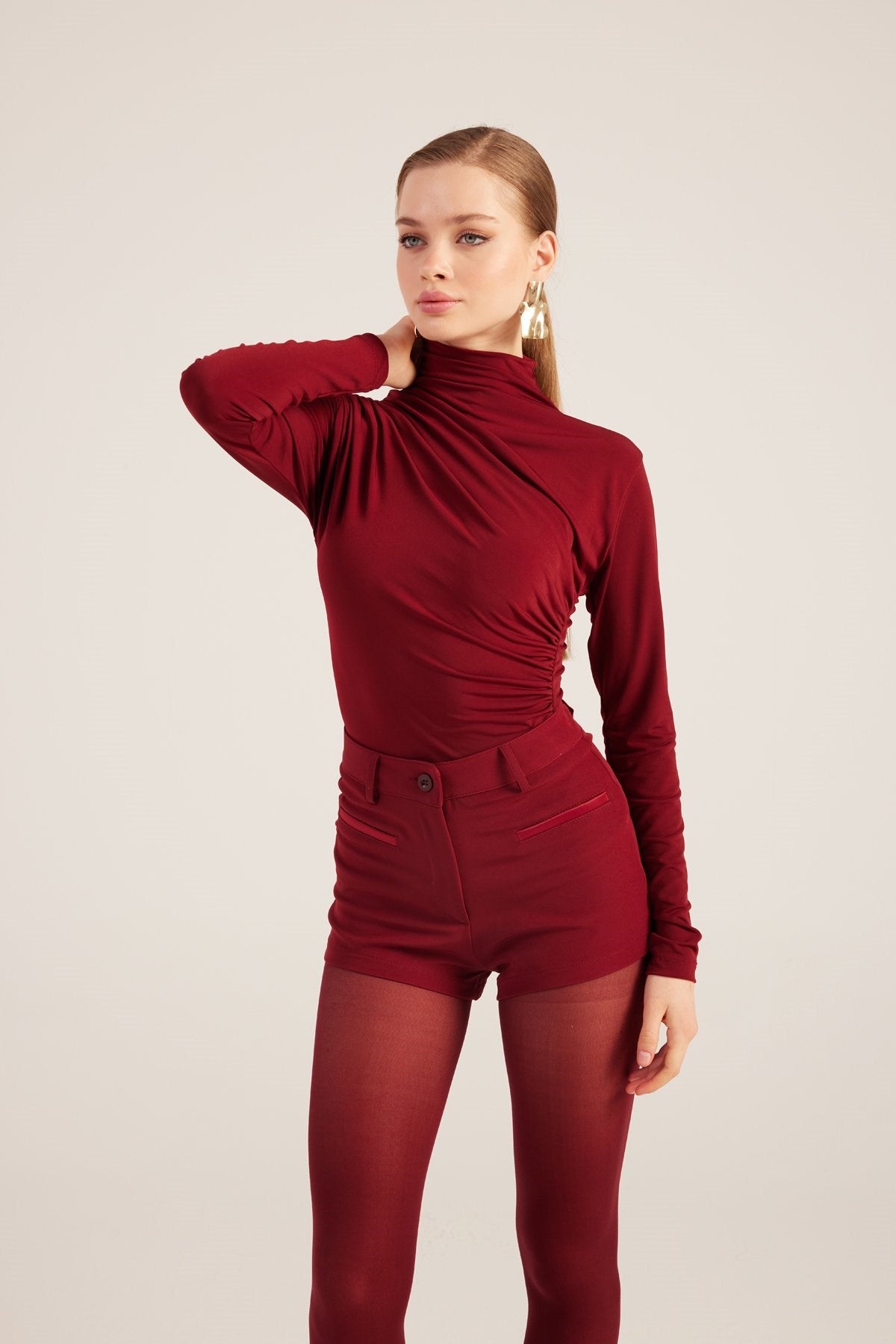 Yüksek Bel Fermuarlı Mini Bailey Şort Bordo