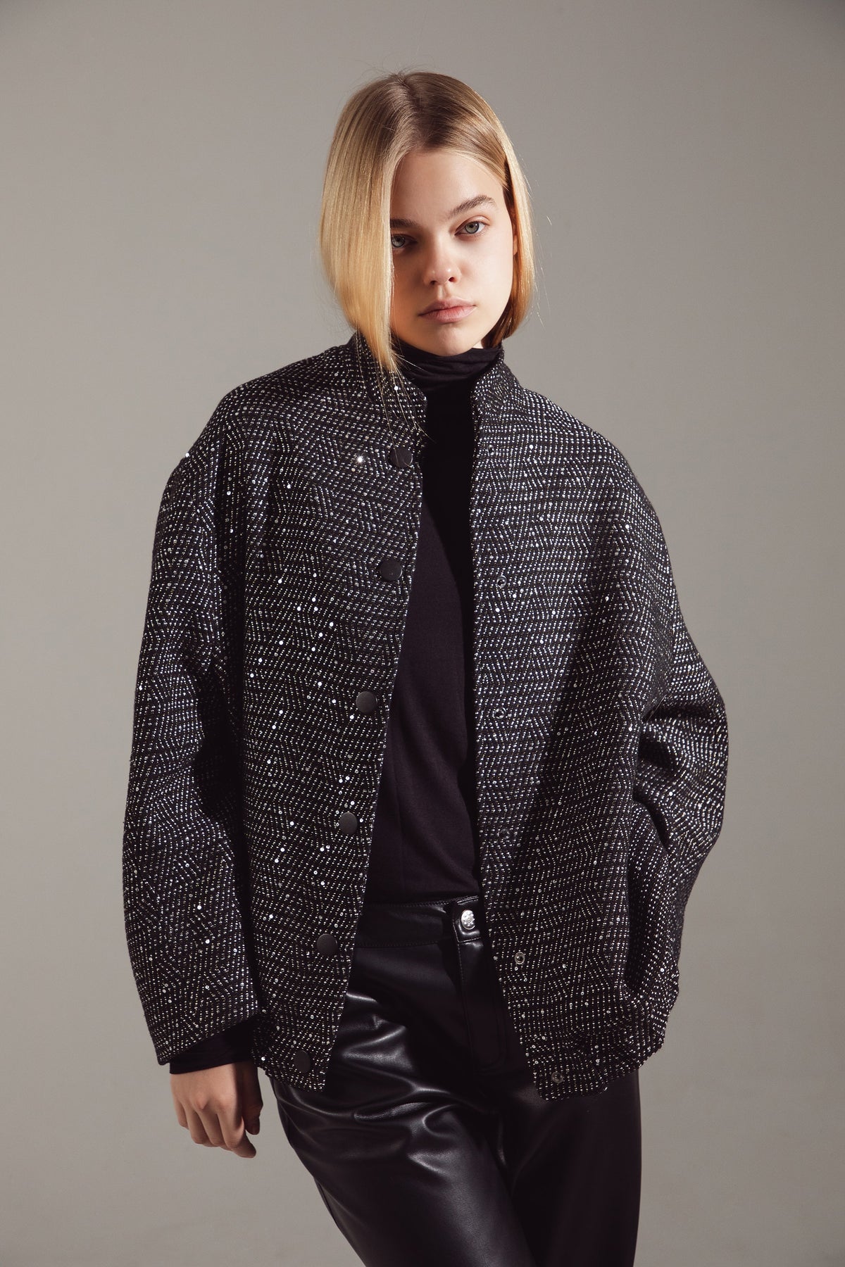 Deep Gray Sequin-Embellished Oversize Bomber