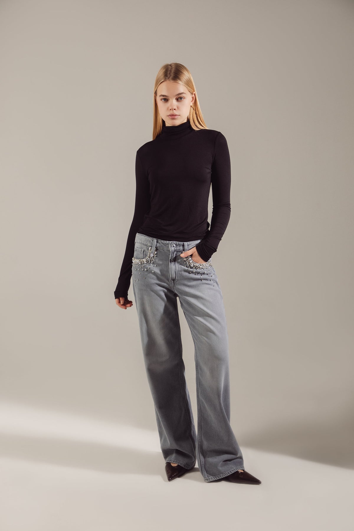 Swarovski-Embroidered Soft Stretch Oversize Jeans