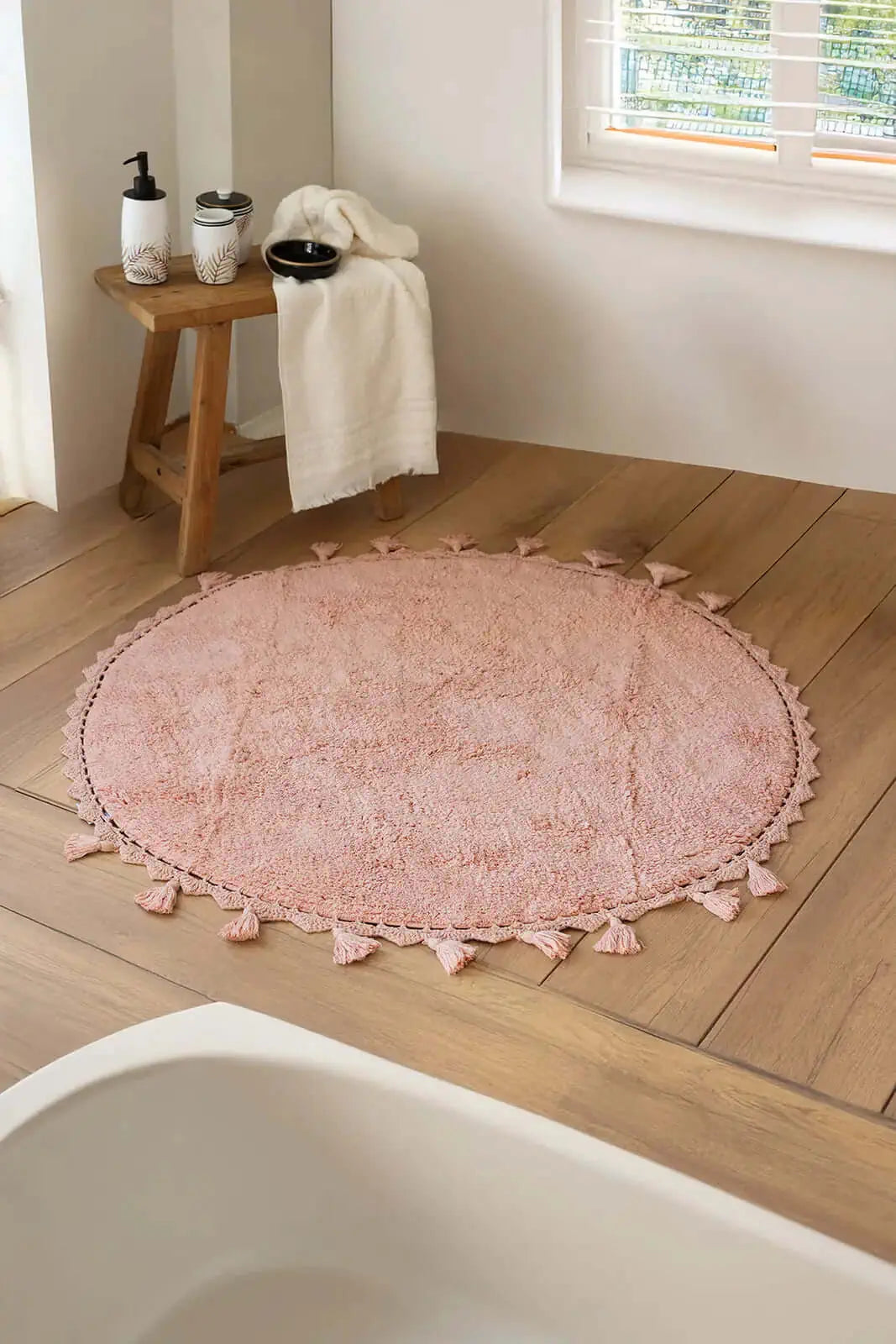 İRYA-Lowell Yuvarlak Banyo Paspası %100 Pamuk 100X100 Pembe-Paspas-1-milagron.live