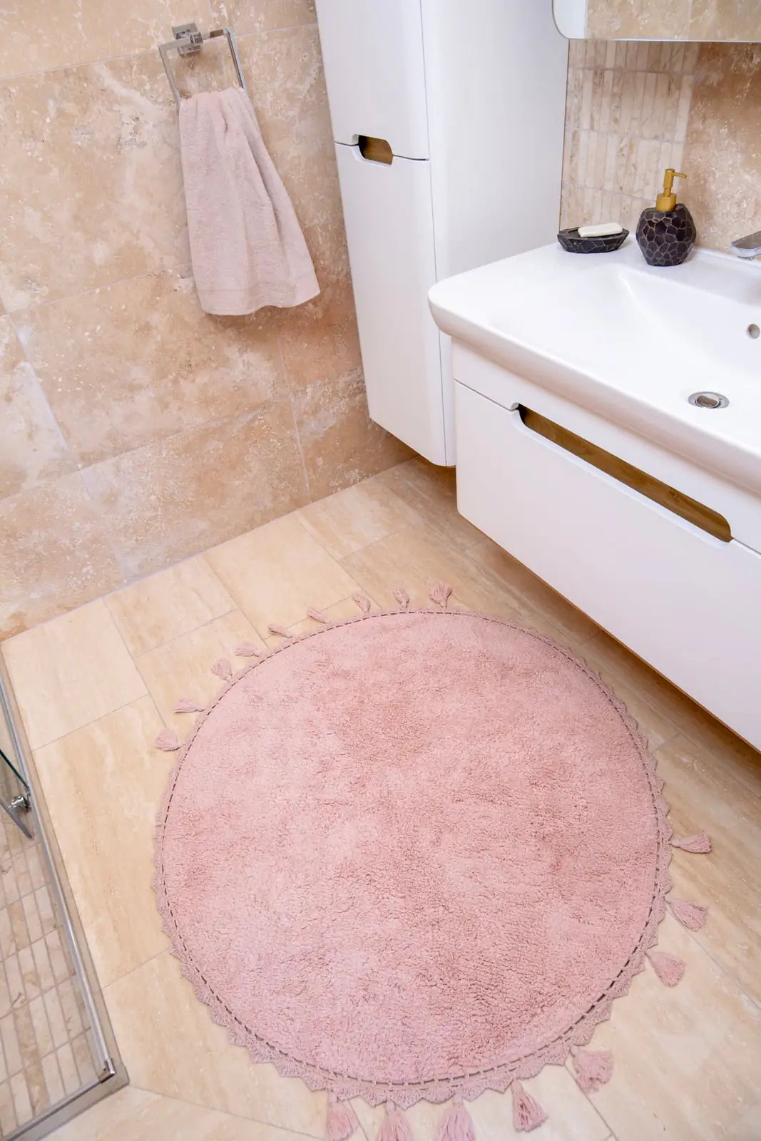 İRYA-Lowell Yuvarlak Banyo Paspası %100 Pamuk 100X100 Pembe-Paspas-4-milagron.live