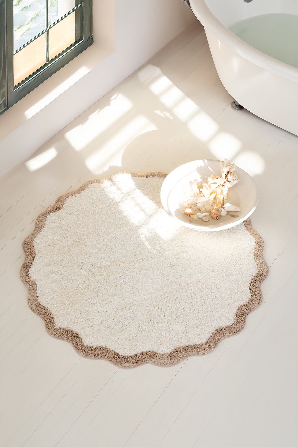 İRYA-Scallop Yuvarlak Banyo Paspası Bambu 90X90 Bej-Paspas-6-milagron.live