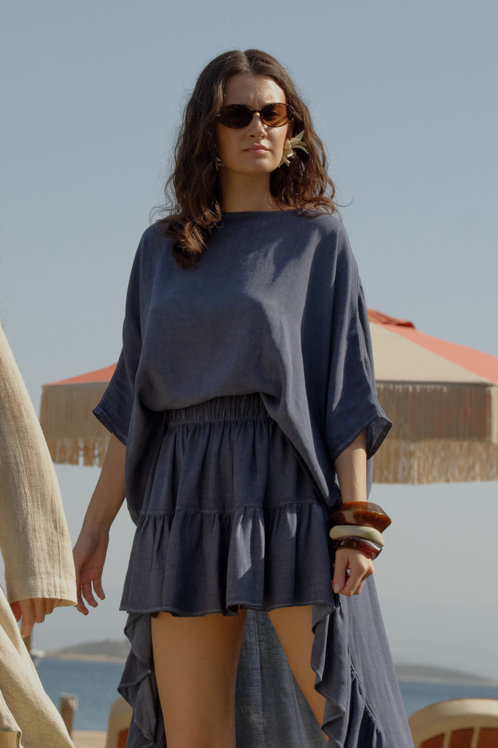 Keten Navy Fırfırlı Etek - 0