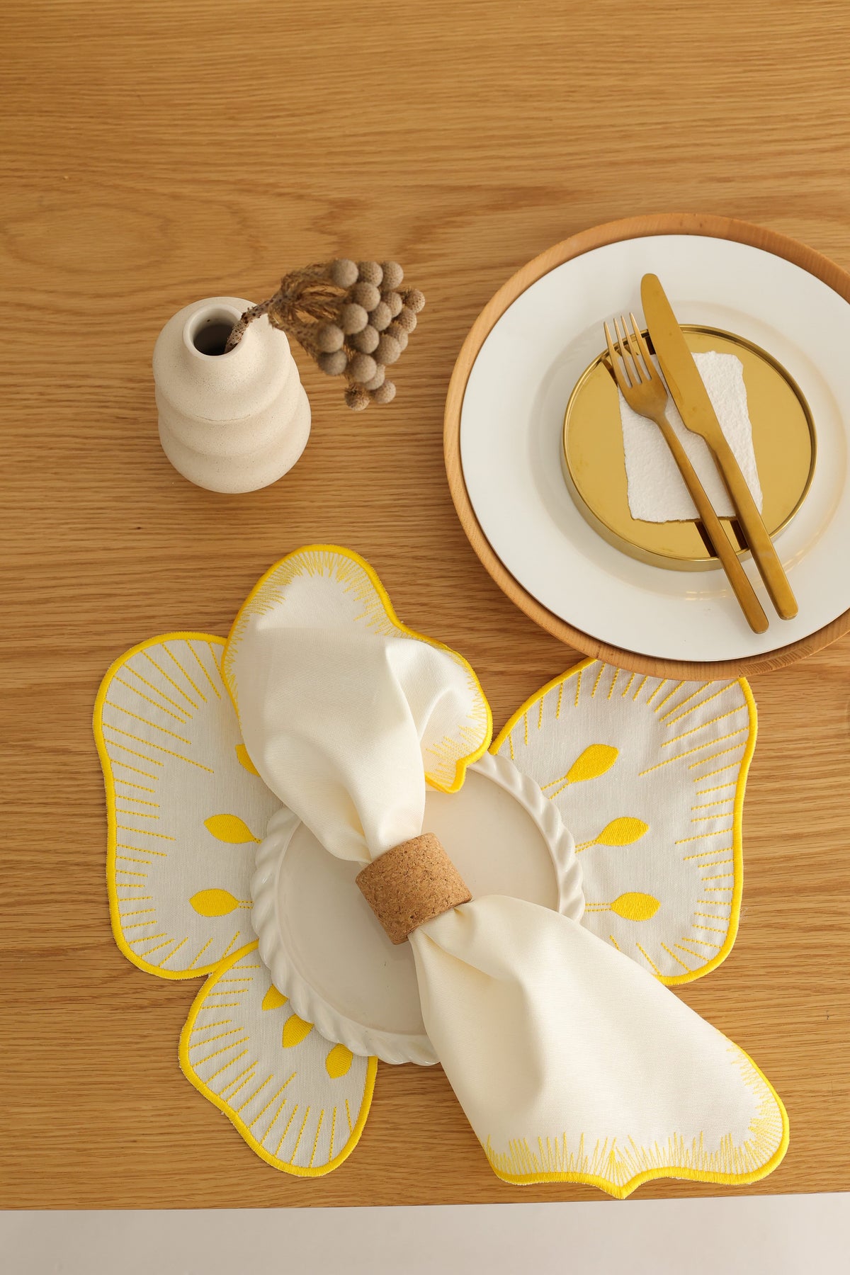 Km Home Collection-2'li Set Sarı Kelebek Pamuk Amerikan Servis-Sunum Aksesuarları-2-milagron.live