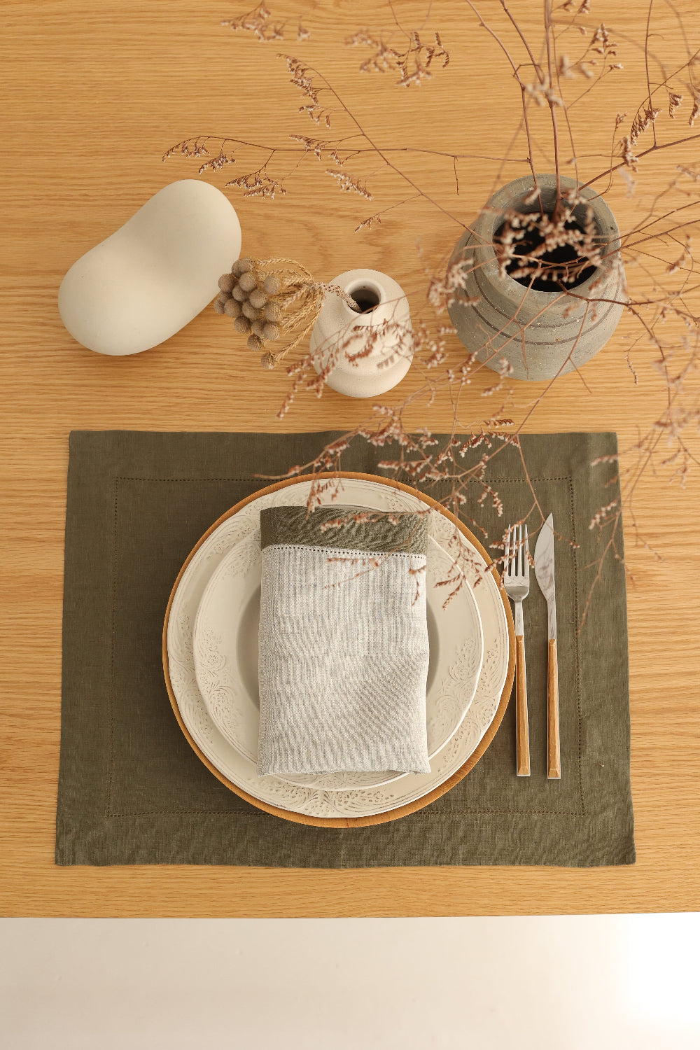 Km Home Collection-2'li Set Yeşil Keten Amerikan Servis-Sunum Aksesuarları-1-milagron.live