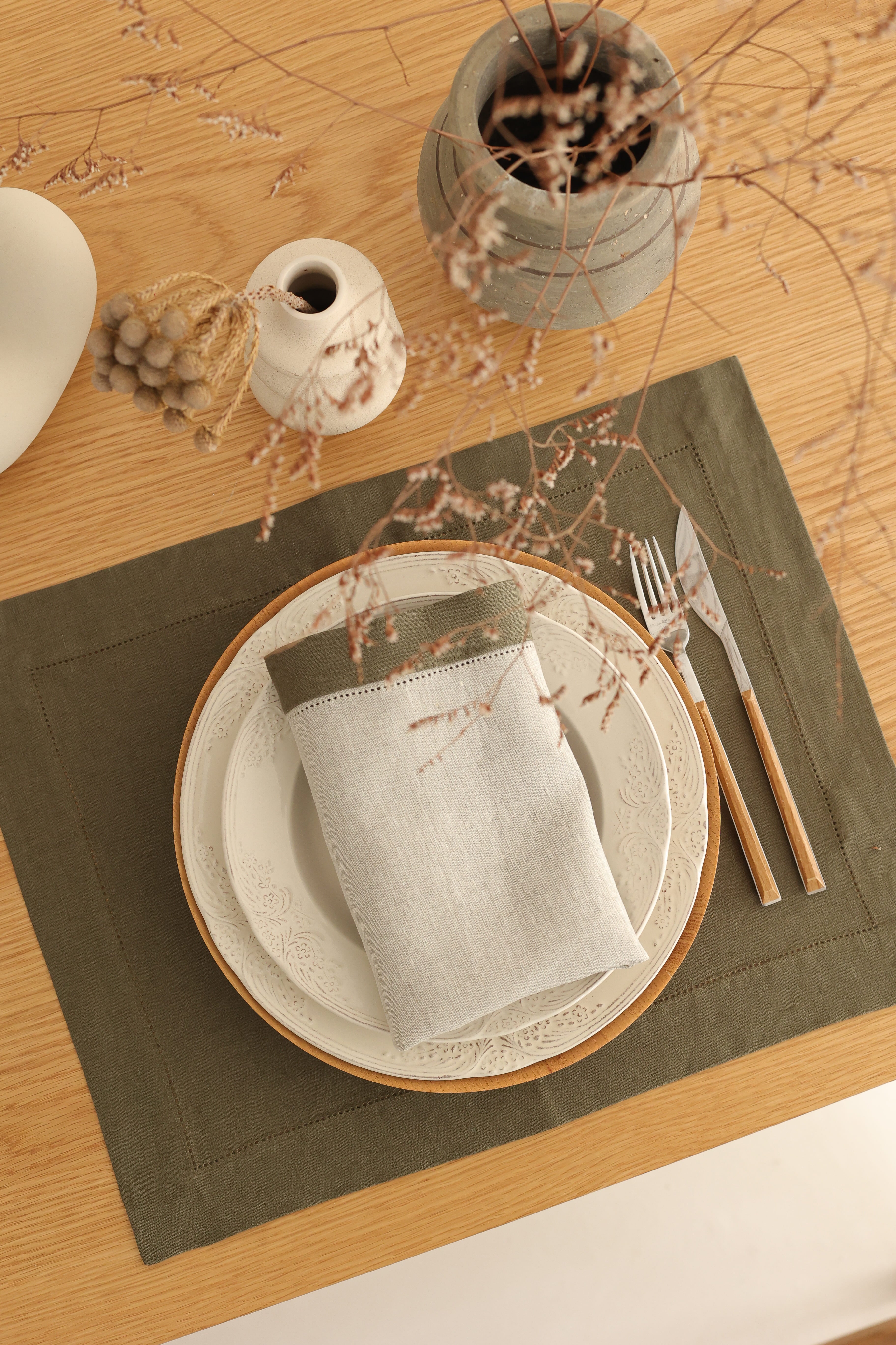 Km Home Collection-2'li Set Yeşil Keten Amerikan Servis-Sunum Aksesuarları-2-milagron.live