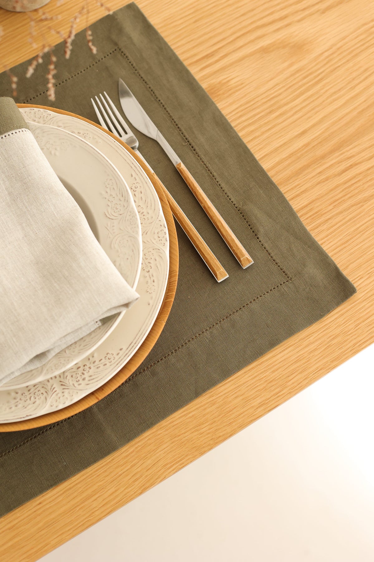 Km Home Collection-2'li Set Yeşil Keten Amerikan Servis-Sunum Aksesuarları-3-milagron.live