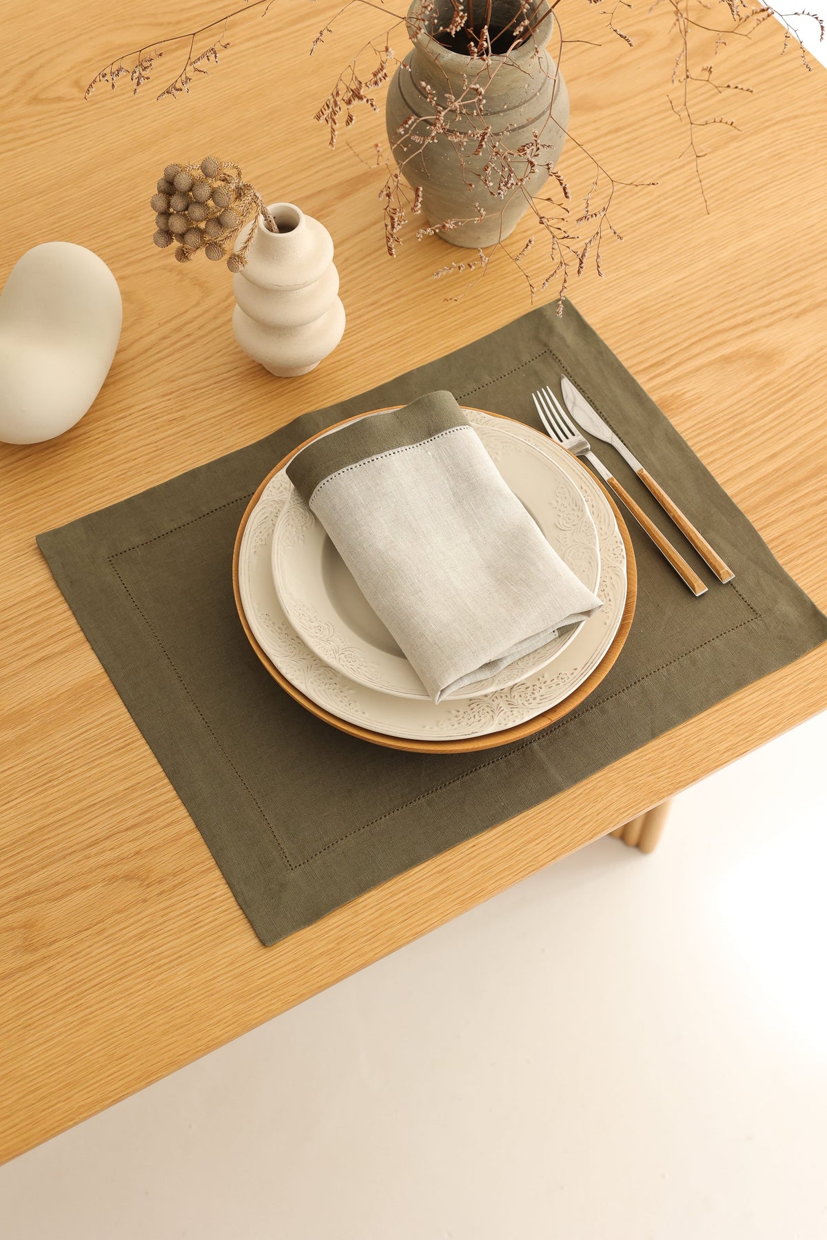 Km Home Collection-2'li Set Yeşil Keten Amerikan Servis-Sunum Aksesuarları-4-milagron.live