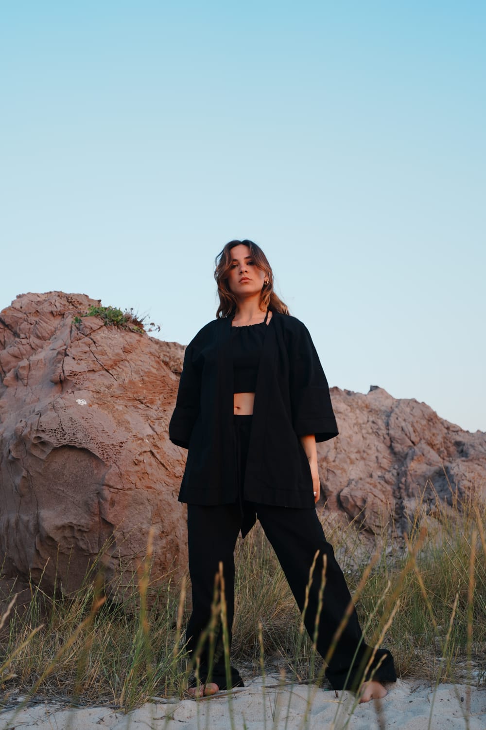 Koi People-%100 Keten Siyah Oversize Kimono%100 Keten Oversize, Tek Beden 30 Derecede Yıkanabilir Kurutmaya Atılmaz Kuşaklı-Kimono-2-milagron.live