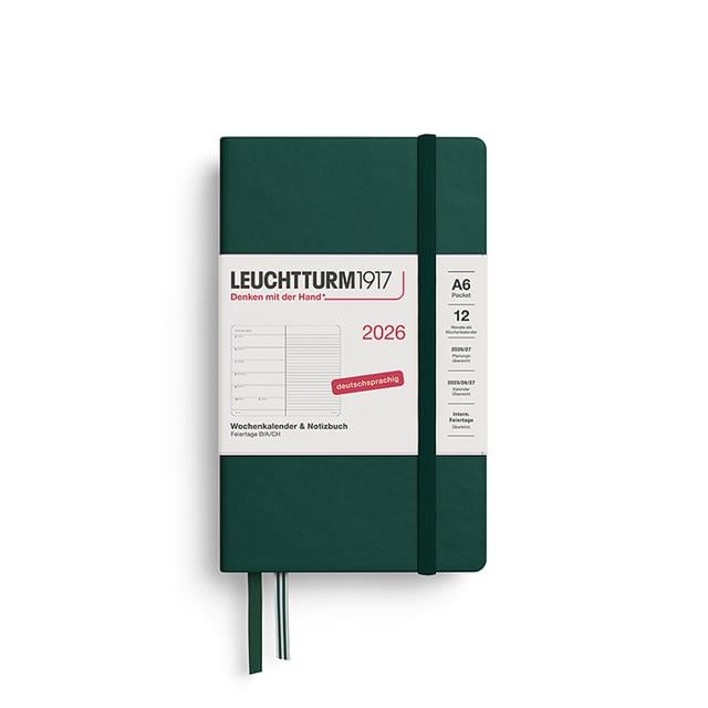 Leuchtturm 1917-Leuchtturm1917 Cep Boy (A6) 12 Aylık Ajanda Ve Not Defteri (çizgili) 2026 Sert Kapak, İngilizce, Forest Green372668-Özel Defterler-1-milagron.live
