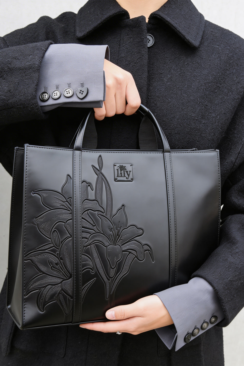 Embroidered Black Leather Tote - 0