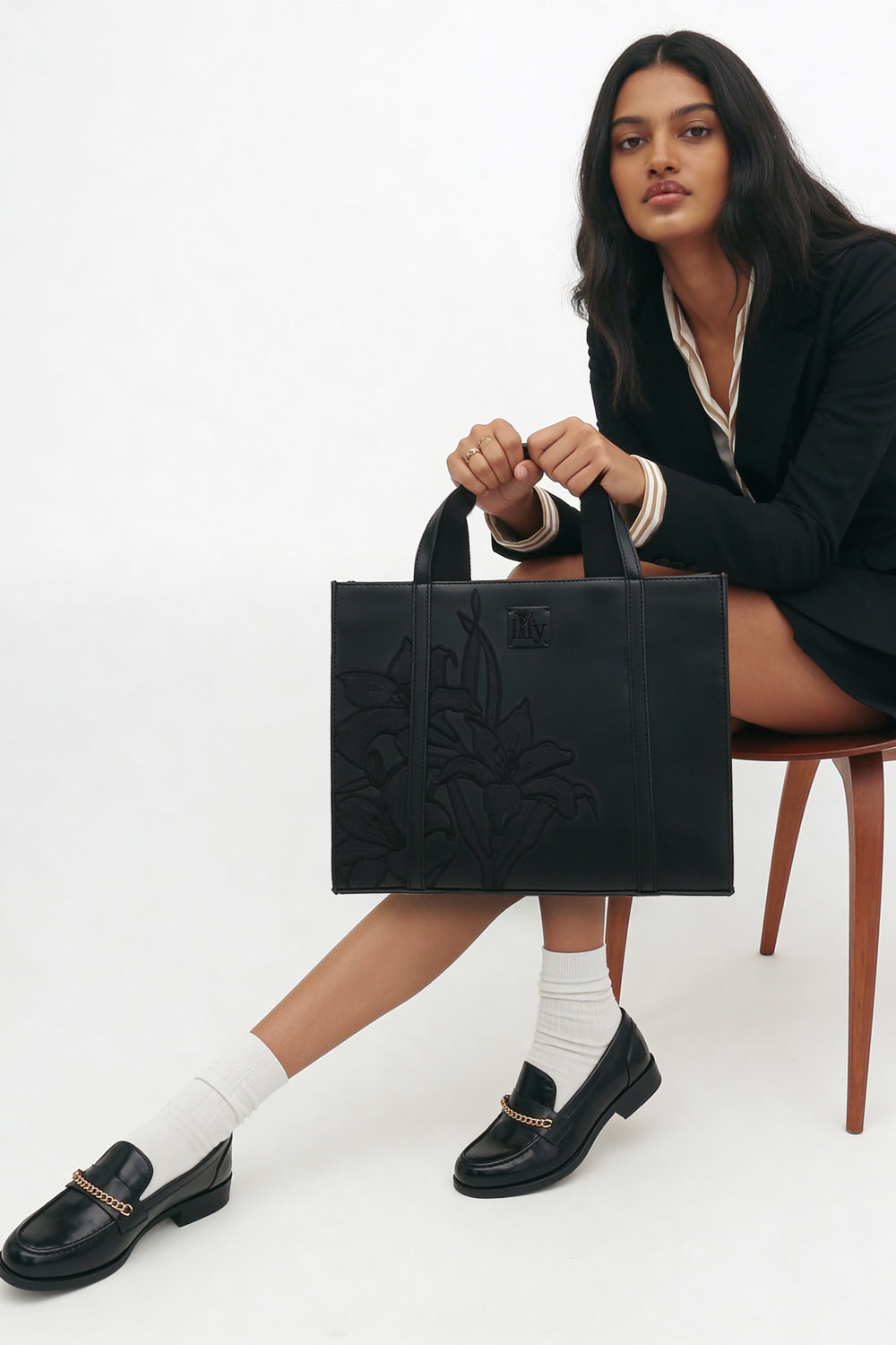 Embroidered Black Leather Tote - 3