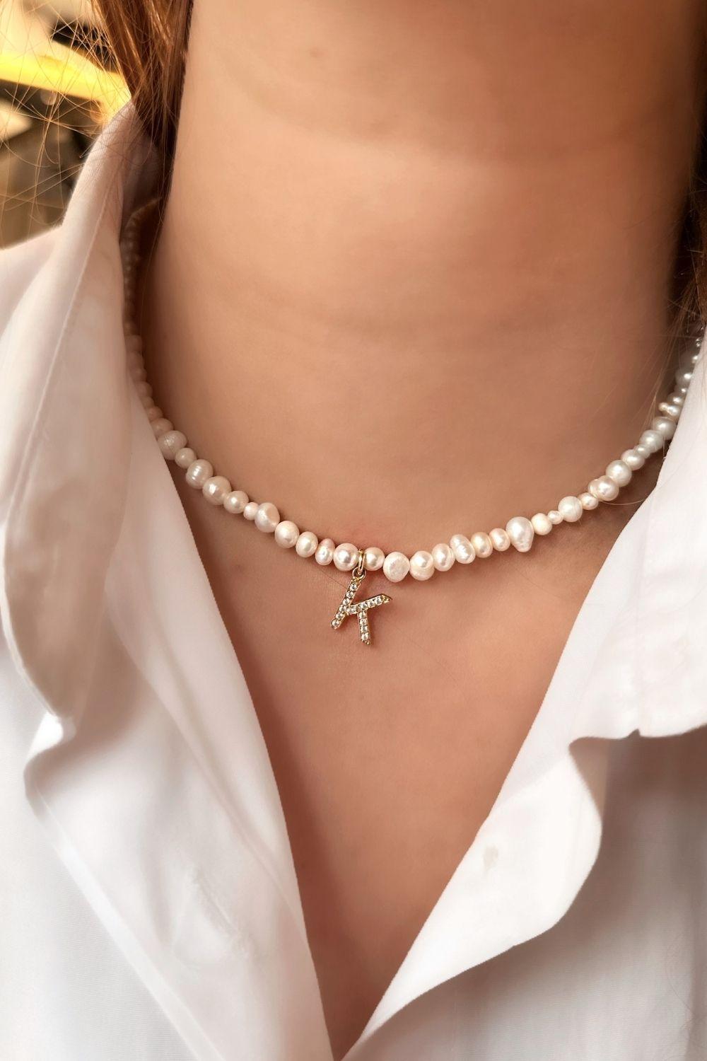 Linya Jewellery-Mono K Harfli İnci Kolye-Kolye-2-milagron.live