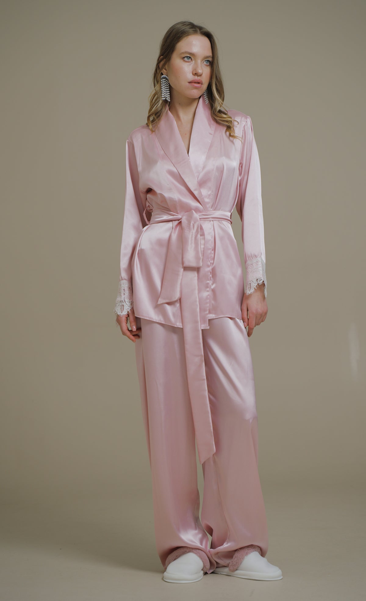 Pudra Saten Şal Yaka KiMono-Pantolon Takim