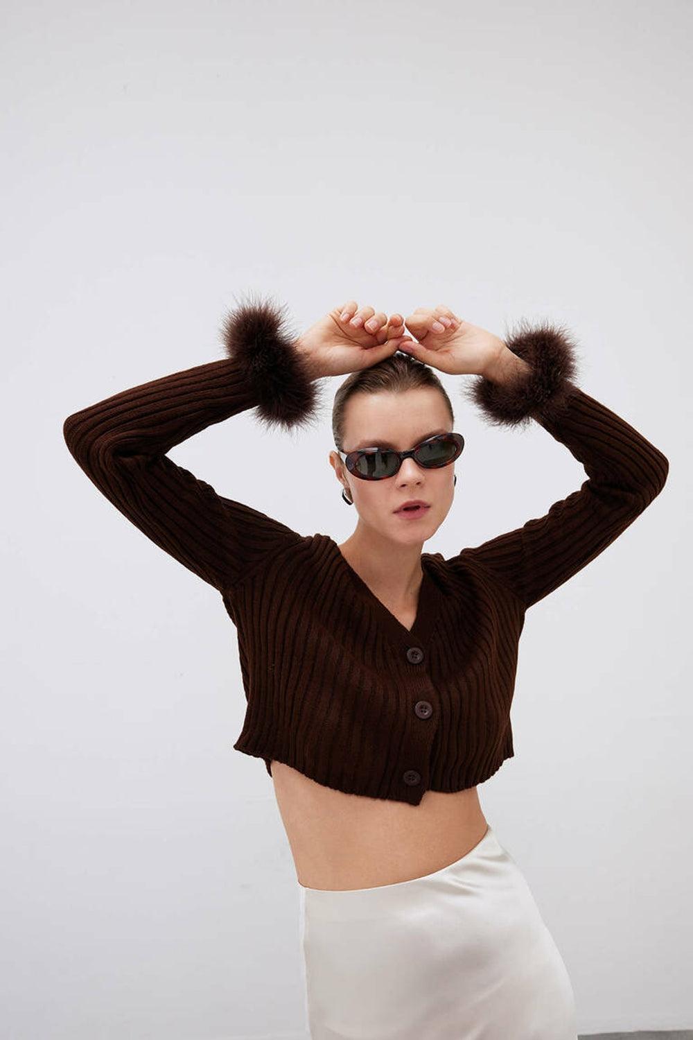 Mozto-Faye Brown Feathered Cardigan-Kazak & Triko-2-milagron.live